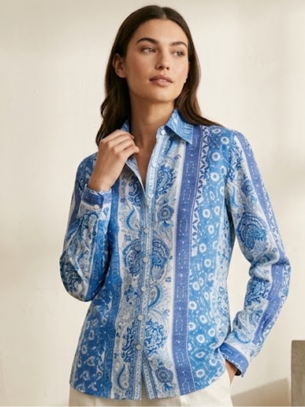 Finley Fitted Tabby Porcelain Print Button Down Shirt  Large